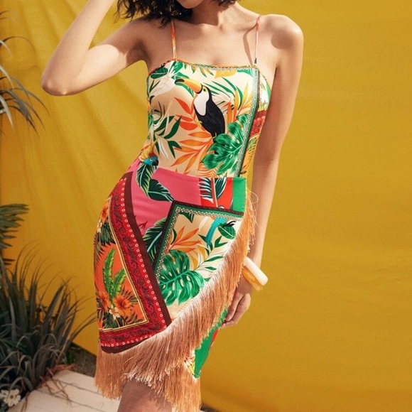 NEW INVENTORY 🌴Tropical Print Wrap Hem Fringe Trim Cami Dress🌴 - Picture 2 of 6